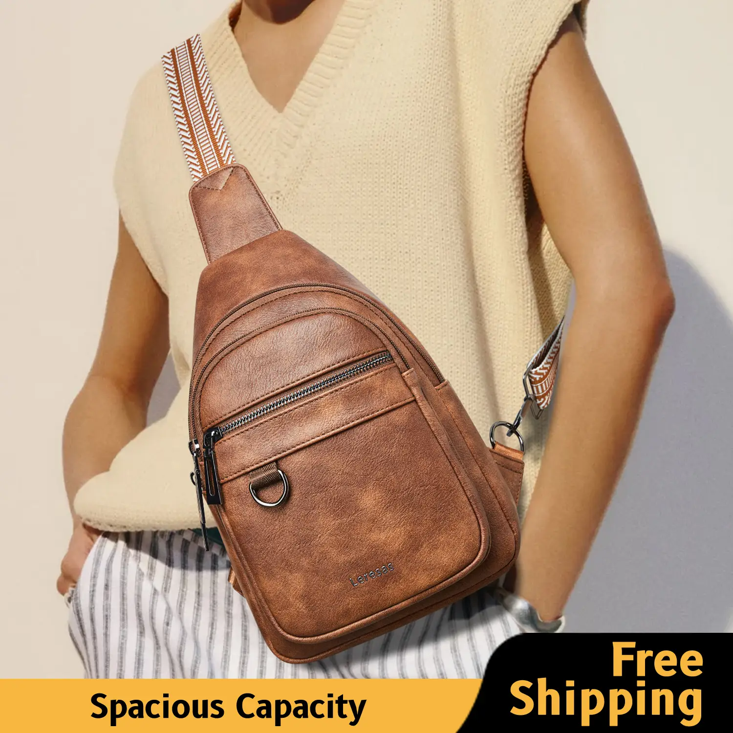 Leresas 7L Vegan Leather Sling Crossbody Bag for Women Fanny Pack Purse Backpack Over Shoulder Bag Traveling Gift with Zipper Pockets Multiple Colors