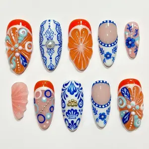 3D Orange Fruit Press On Nails | Blue Mediterranean Tile Art | Summer Citrus Almond Fake Nails | Tropical Holiday Vacation Nails