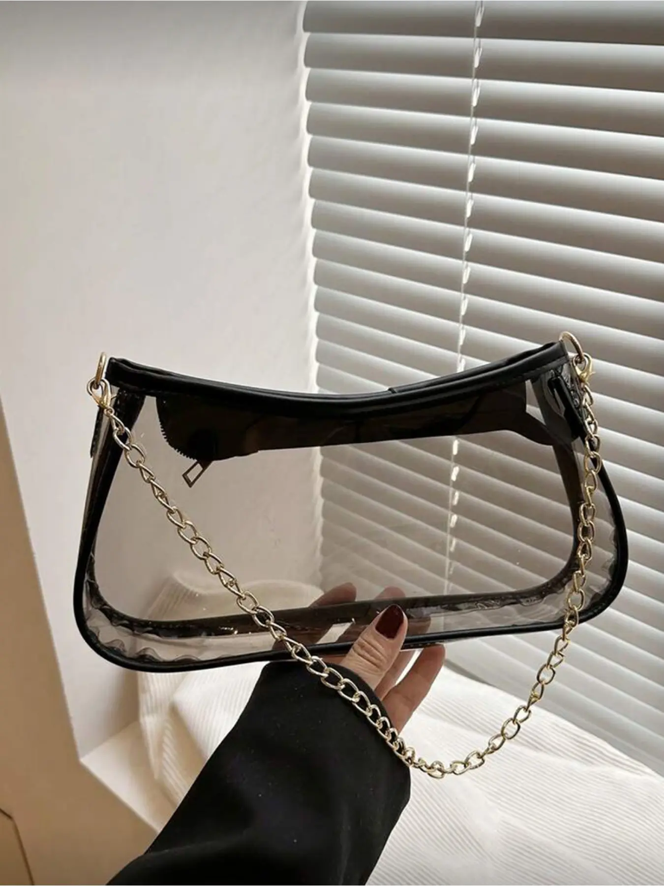 Transparent PVC Chain Shoulder Bag with Black Trim, Clear Underarm Bag for Women & Girls, Casual Shoulder Bag for Daily Commute, Shopping and Travel