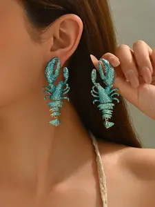 Teal Enamel Articulated Lobster Drop Earrings, Boho Nautical Ocean Statement Earrings with Gold-Tone Accents for Women, Lightweight Design, Perfect for Beach Vacations, Coastal Parties, Festivals & Daily Wear, Trendy Fashionable Accessories
