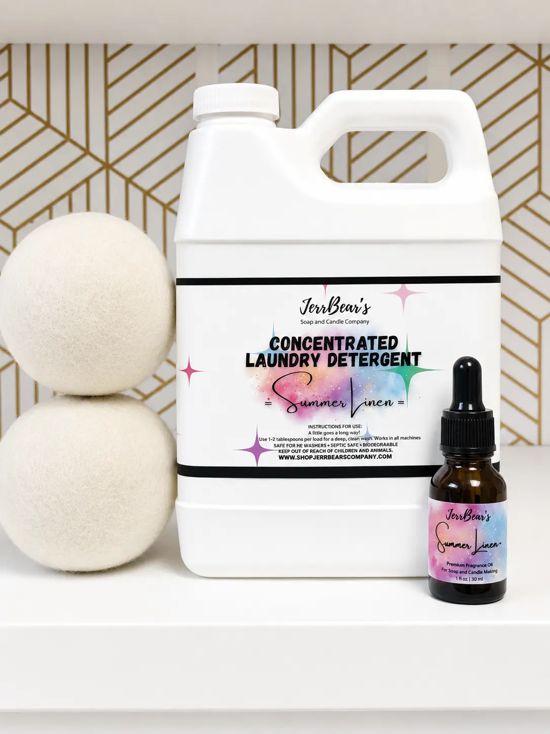 JERRBEAR'S Laundry Luxe Bundle: Concentrated Laundry Wash, Reusable Wool Balls & Fragrance Oil Kit | Pink Sugar Cashmere Scent