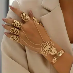 Gothic Punk Style Exaggerated Personality Hollow Pattern Finger Bracelet Back Chain Set