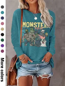 Women's Halloween Pumpkin Ghost Print Long Sleeve Round Neck Casual Top, Soft Comfortable Fabric, Available in 9 Colors