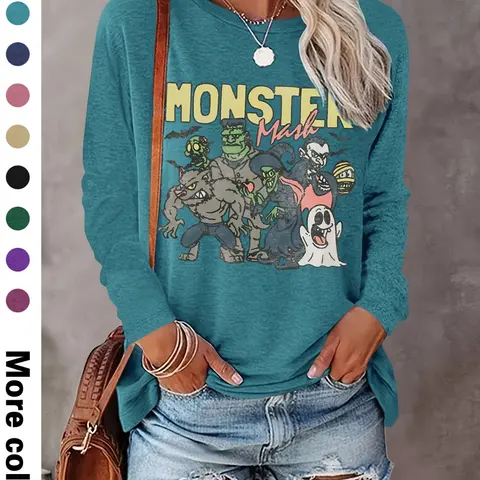 Women's Halloween Pumpkin Ghost Print Long Sleeve Round Neck Casual Fitted, Soft Comfortable Knit Fabric, Available in 9 Colors