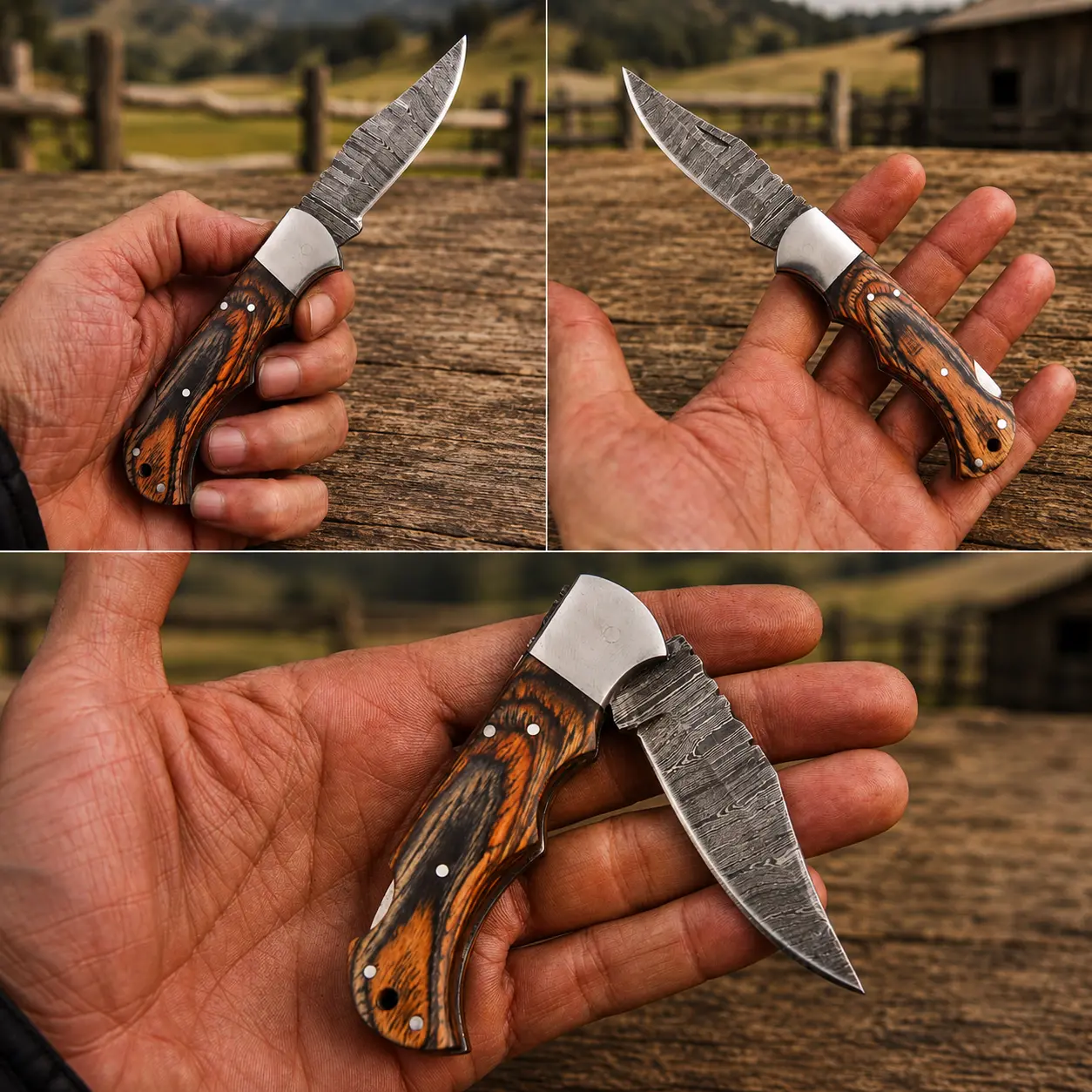 Artisan Folding Damascus Steel Pocket Knife - Brown Pukka Wood Handle, Steel Bolster, Classic Back Lock - Father's Day Gifts, Mens Gifts