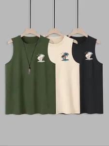 Men's Coconut Tree Print Tropical Tank Top, Regular Fit Casual Comfy Sleeveless Top for Summer, Men's Top for Outdoor Beach Vacation, Menswear