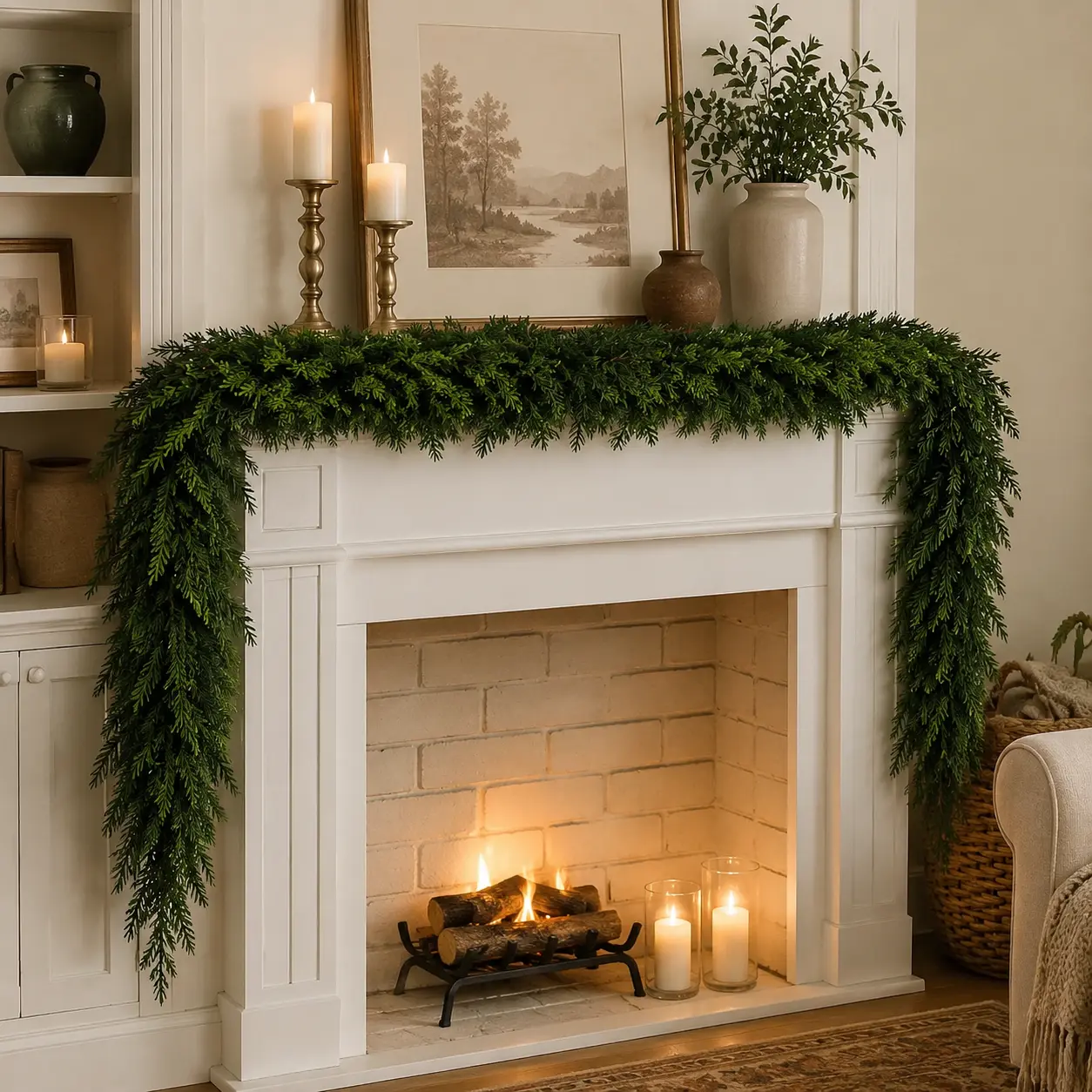 6 FT 2 Pcs Artificial Cedar Garland, Realistic Full & Lush Evergreen Greenery with Shapeable Branches for Holiday Decorators, Fireplace Mantel & Christmas Home Decor
