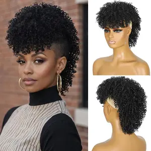 Mohawk Wig Kinky Curly Ponytail with Bangs,Short Curly Synthetic Clip on Mohawk Ponytail Extension Hair Pieces for Women with Six Clips and Two Combs Fluffy Natural Hair for Daily and P