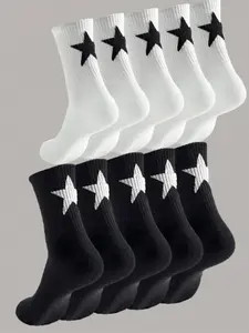 10 Pairs Trendy Star Pattern Casual Sports Men Couple Socks, Athletic Socks, Comfortable Lightweight Mid-Calf All Season Elastic Socks for Daily Wear