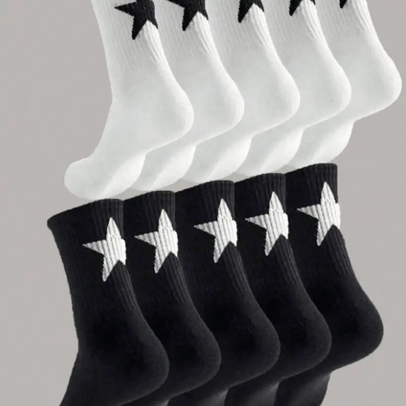 10 Pairs Trendy Star Pattern Casual Sports Couple Socks, Comfortable Lightweight Mid-Calf All Season Socks for Daily Wear