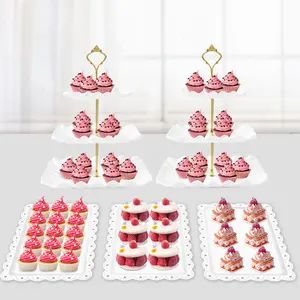 5 Pcs Dessert Table Display Set - 2 X Cupcake Stand Holder/Cup Cake Tier Tower & 3 X Serving Tray Combo for Tea Party, Birthday, Baby Shower (Wave Square)