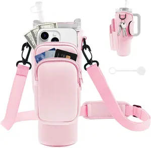 Water Bottle Carrier Bag with Phone Pocket for Stanley Cup 40/30 oz, Water Bottle Holder with Adjustable Strap& Straw Cover, Stanley Cup Accessories