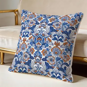 1 Piece Bohemian Blue Orange Floral Throw Pillow, HD Digital Printed Decorative Cushion, Aesthetic Boho Accent Pillow for Sofa, Couch, Bed and Living Room Home Decor