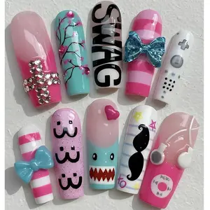 Kawaii Y2K Press On Nails Set – Cute Cartoon Bow Nails With Pink Stripes, Chrome Charms & 3D Nail Art