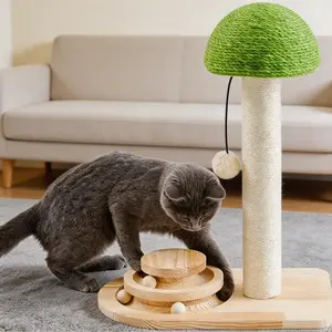 Petlovers Summervibes Cute Mushroom Cat Scratching Post, Natural Sisal Cat Scratcher with Hanging Pom-Pom Ball, Cat Activity Toy for Indoor Kittens