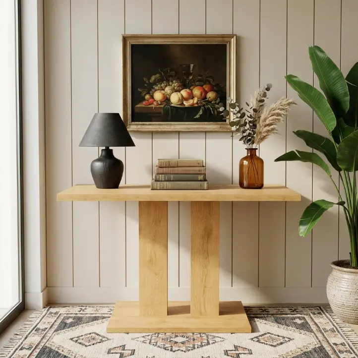 HIPIHOM Scandinavian Style Solid Oak Rectangle Console Table for Entryway - Sturdy Legs, Thick Top, Architectural Dual-Pillars, Durable Wood Grain Hallway Accent for Living Room Decor