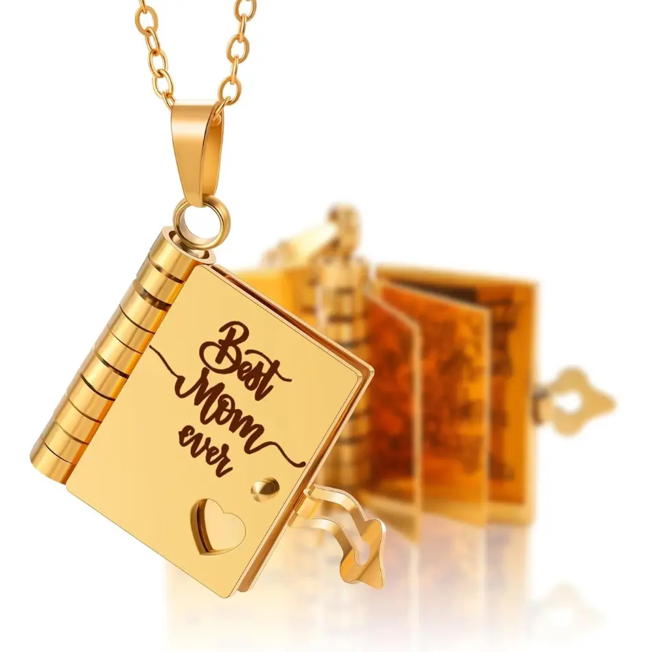 Stainless Steel Book Necklace - Personalized Heartfelt Meaningful Gifts for Mom with Long Chain, Ideal for Mother's Day, Birthday, Personalized Jewelry, Customized, Female, Book Shape, Metal Coating, Pendant, Casual