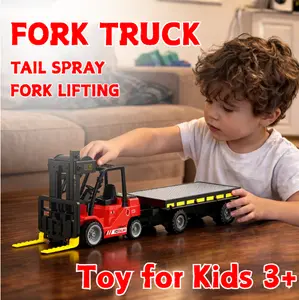 RC Forklift Truck Toy with Pallet & Cargo, Remote Control Construction Vehicle with Water Spray, Lights & Sound Effects, Rechargeable Battery, Detachable Design for Kids