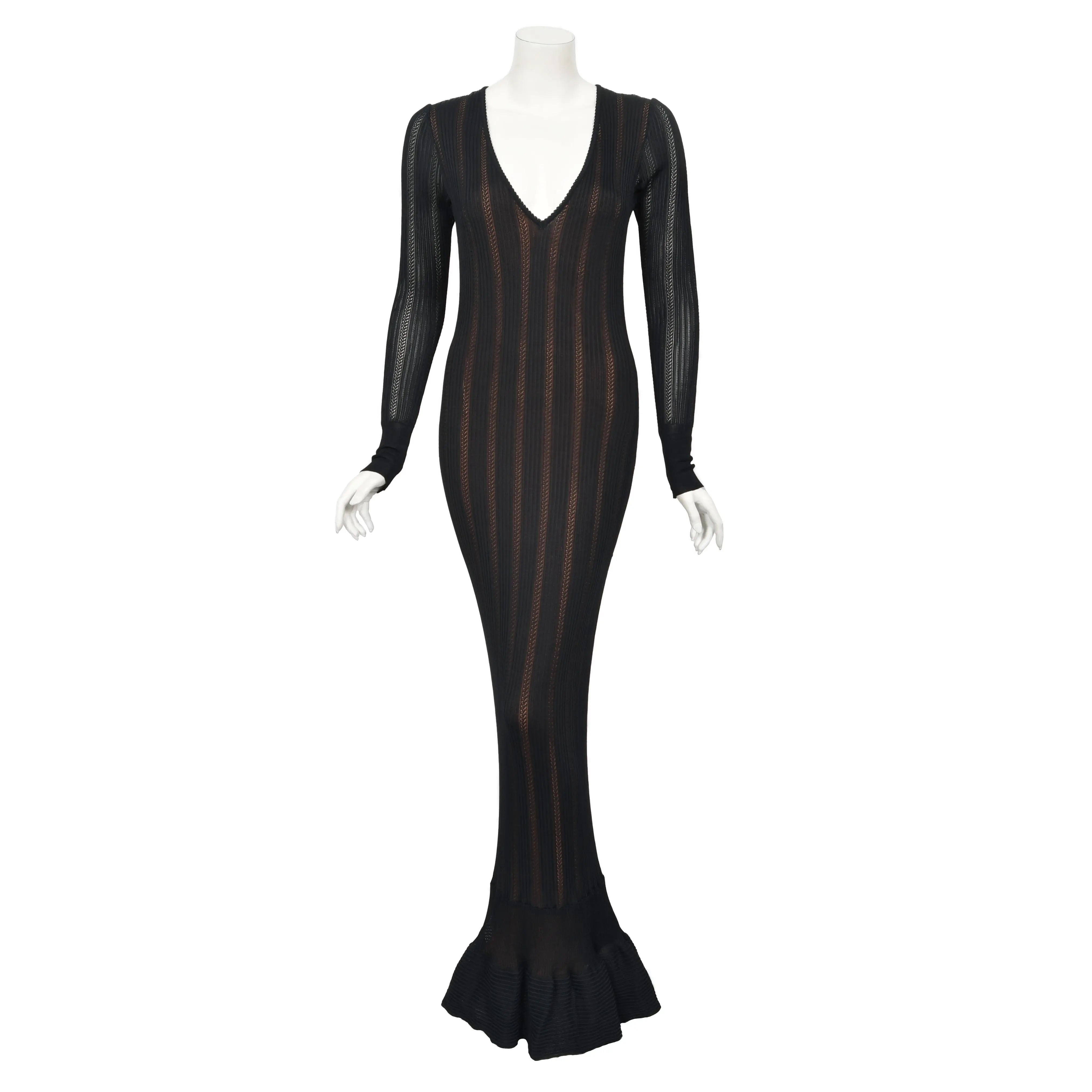 1996 Azzedine Alaia Black Nude-Illusion Knit Bodycon Floor Length Gown