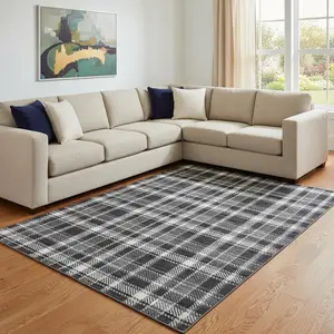 HomeRoots 649426 10 x 14 ft. Black & Ivory Plaid Transitional Washable Machine Made Rectangle Area Rug with UV Protection