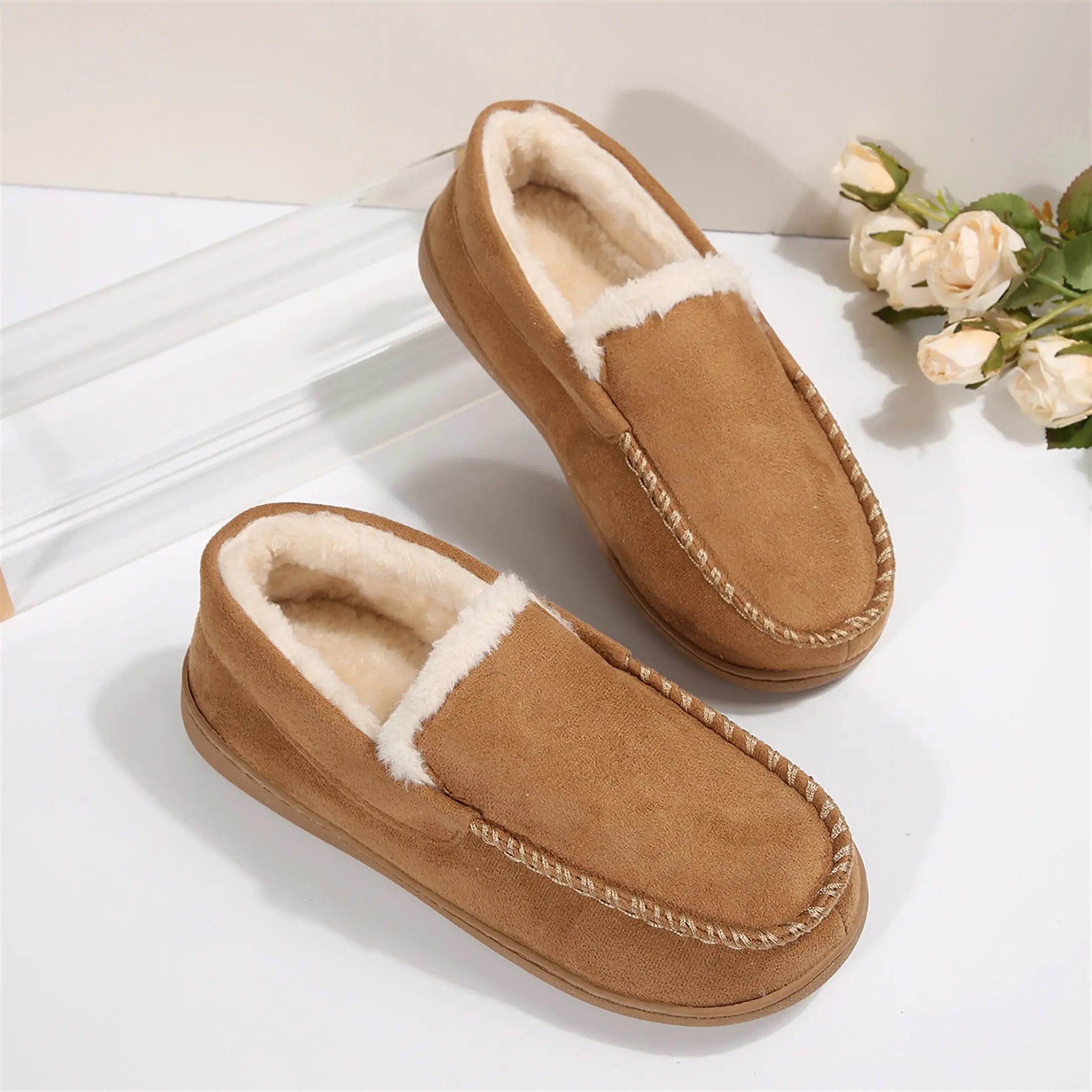 Women's Slip On Loafers Warm Fuzzy Collar With Indoor Outdoor Non-Slip Warm And Durable Shoes