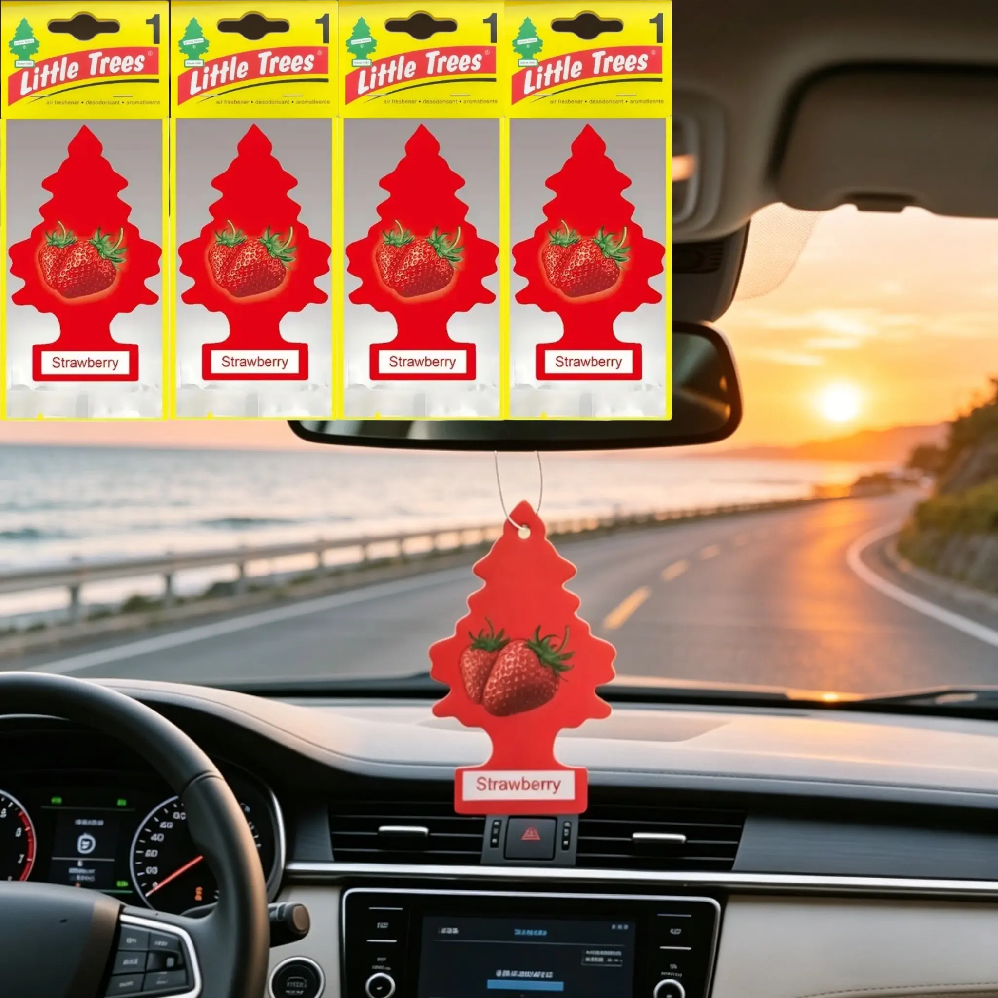 5pcs Little Trees Strawberry Scent Car Air Freshener, Car Aromatherapy, Tree Shaped Hanging Rearview Mirror Ornament with Sweet Strawberry Print, Long Lasting Fragrance for Auto Interior, Car Fragrance Set