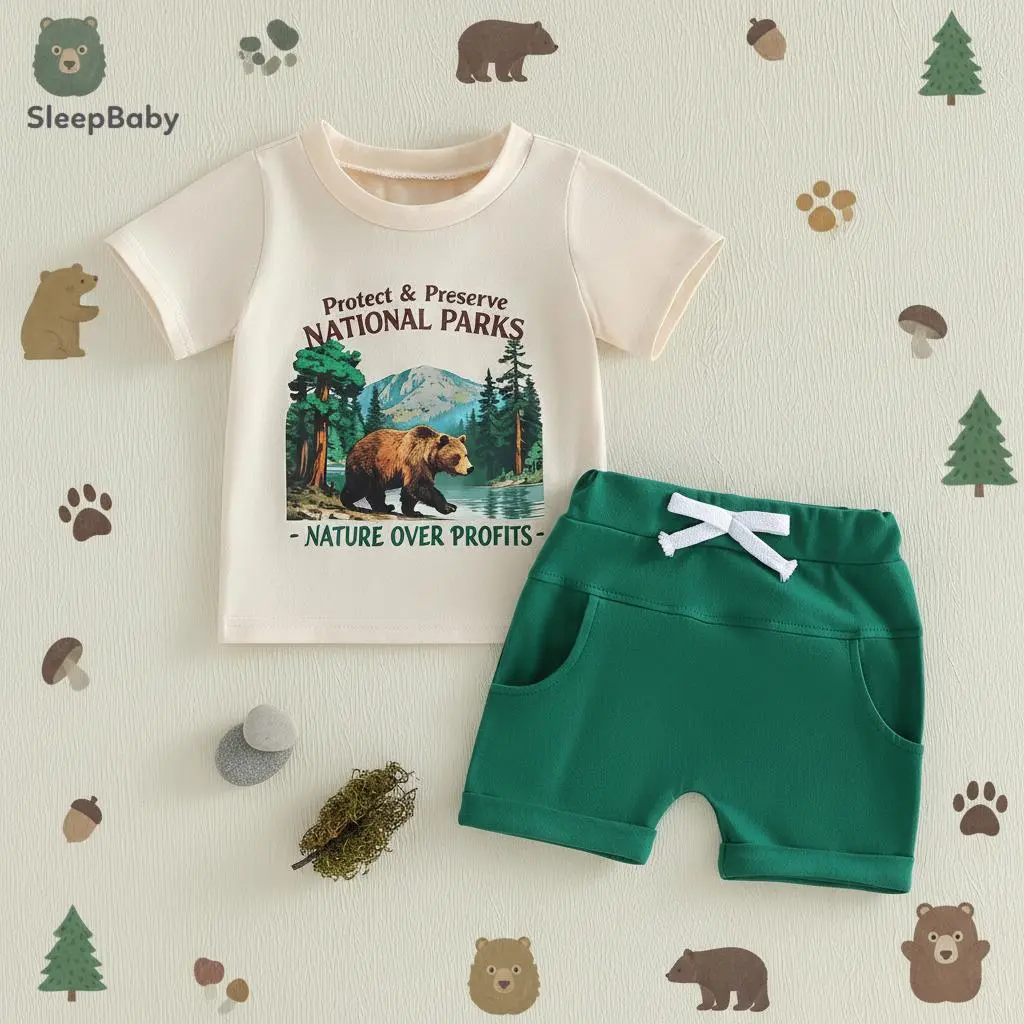 Toddler Boys' 2-Piece Summer Clothes Set, Casual Cotton Blend T-Shirt and Shorts Outfit with Forest Bear Print, Baby Boy Clothes, Short Sleeve, Animals, Cold Wash Safe, 0-6 Months, 12 - 18 Months, None, 2 - 3 Years, Comfortable Cut