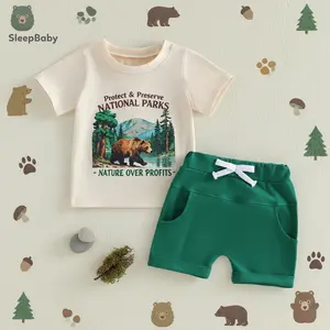 Animal Toddler Bear 2 Pcs Baby Boy Summer Outfits Short Sleeve Forest Bear Print T-shirt + Shorts Set Toddler Clothes