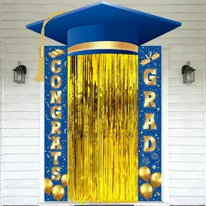 2026 Graduation Decorations Class of 2026 Congrats Grad Porch Sign Banners Navy Blue Gold Graduation Party Supplies with Gold Foil Fringe Curtain Door Decor Set for Indoor Outdoor Wall Decor Photo Boo