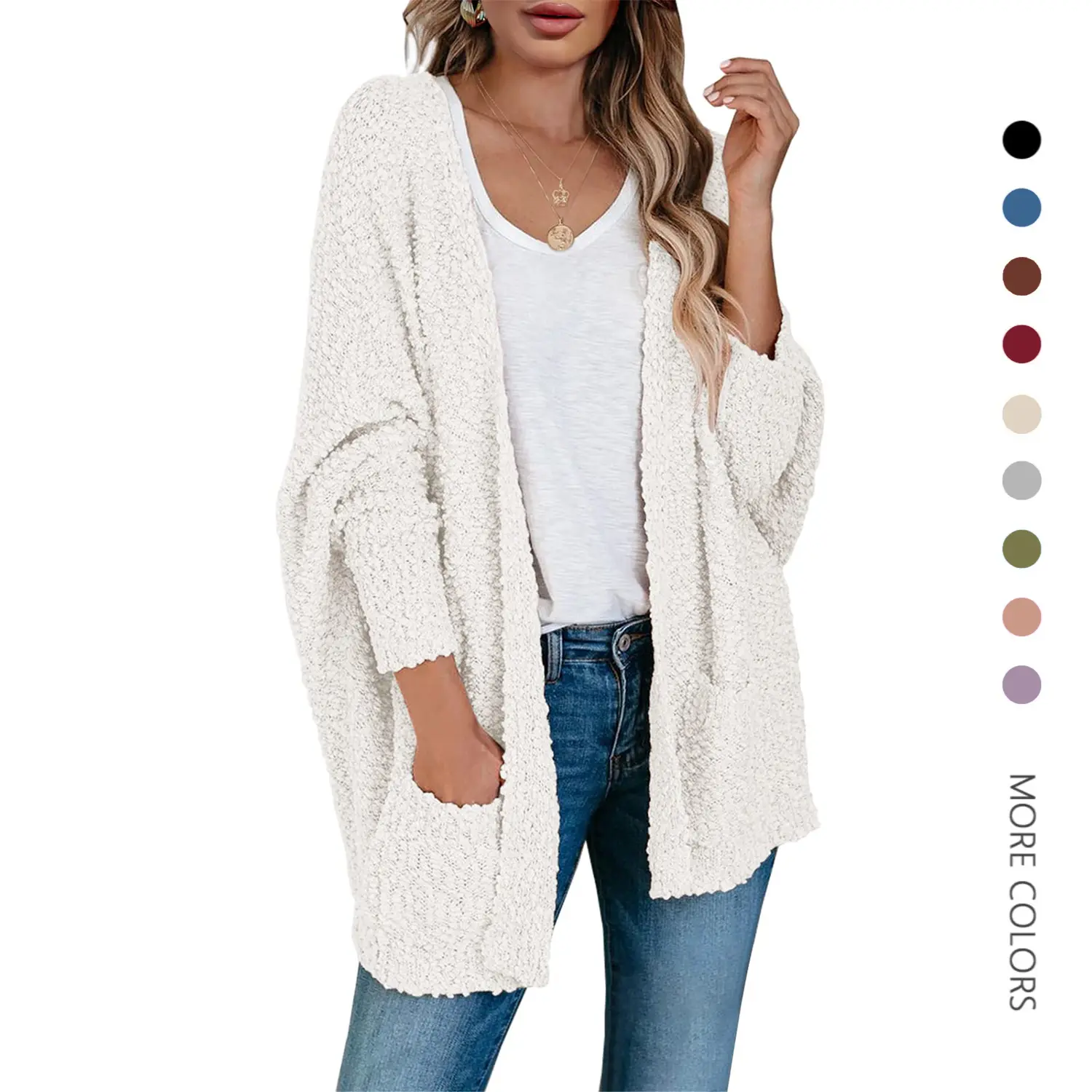 Danedvi Women's Chunky Cardigan, Oversized Solid Popcorn Knit Batwing Longsleeve Sweater, Open-Front Boyfriend Knitwear with Pockets, Lady, Tops, Longsleeves