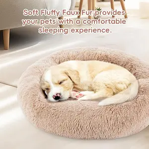 24'' Dog Bed - Round Donut Washable Dog and Cat Bed in Shag Fur, Calming Dog Beds, Brown