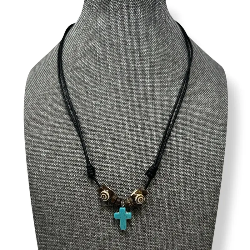Unisex Christian Turquoise Cross Pendant Necklace with Wooden Beads, Adjustable 1-Size, Daily Wear Female and Male Costume Jewelry