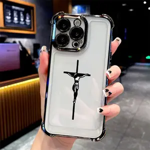Cross of Jesus Pattern Four Corner Anti-Fall Phone Case Transparent Electroplated Protective Cover for IPhone 16 Pro Max 15 Plus 14 13 12 11 E