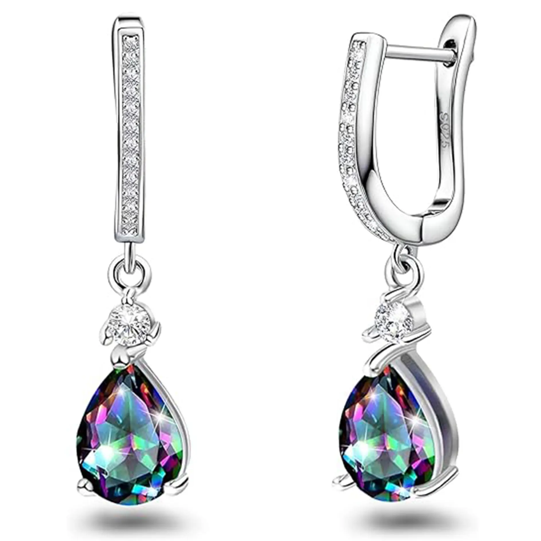925 Sterling Silver Black Rainbow CZ Drop Earrings for Women, Sparkling Teardrop Dangle Earrings, Birthday Anniversary Christmas Gift Jewelry Accessory