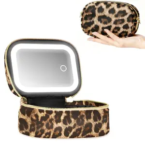 Leopard Print Mini Travel Makeup Bag with LED Light Mirror, 500 mAh Rechargeable Touch-Dimmable Beauty Storage Pouch for Travel