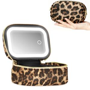Leopard Print Mini Travel Makeup Bag with LED Lighted Mirror - 2000mAh Rechargeable Touch Dimming Cosmetic Organizer for Travel, Makeup Storage Bag