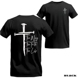 Faith Cross T-shirt - The Way, The Truth, The Life - A stylish and faith-driven T-shirt with a cross and the powerful words "The Way, The Truth, The Life." Ideal for expressing your Christian belief. Unisex. Menswear Top Shortsleeve Crewneck