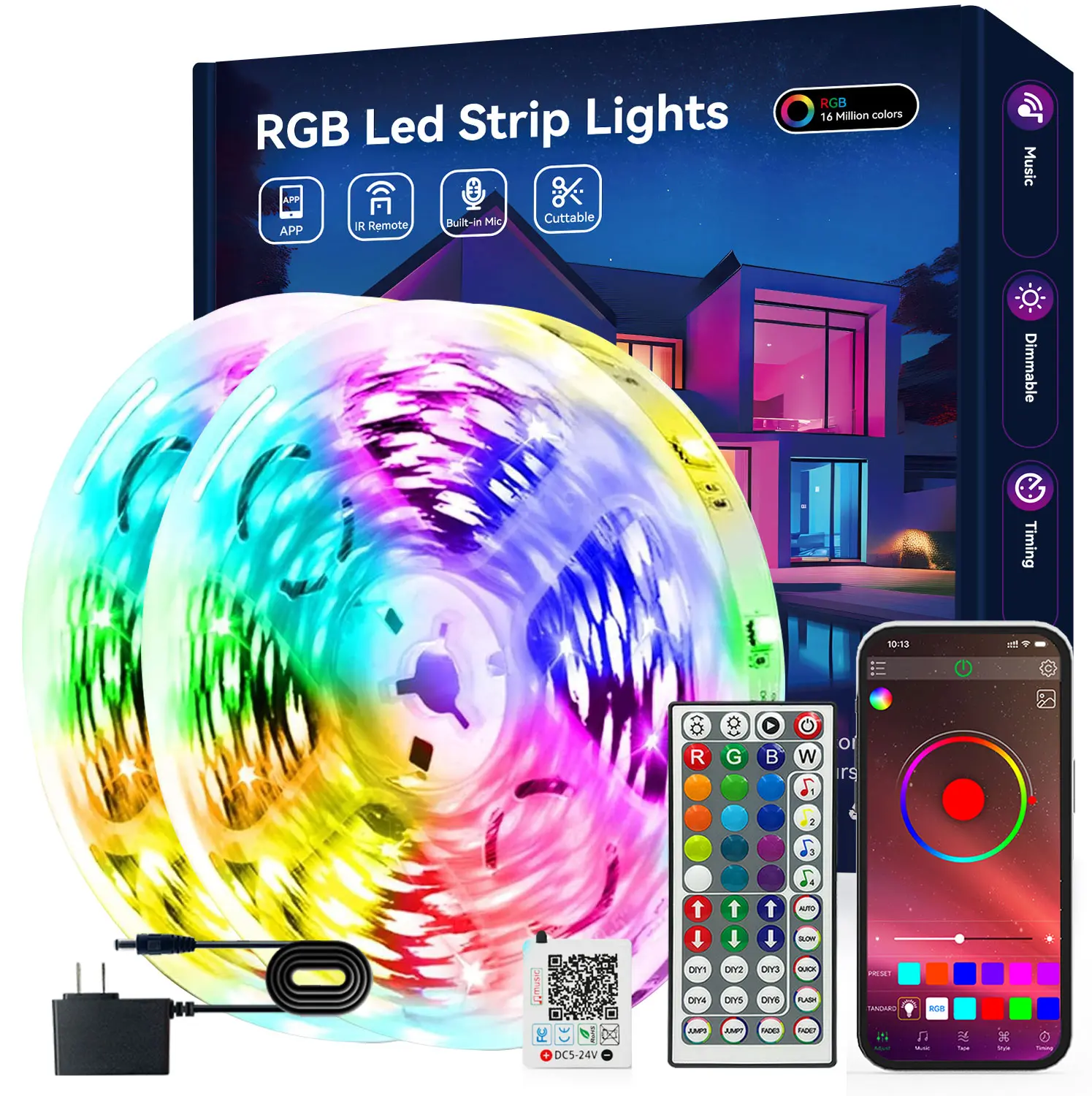 Smart RGB LED Strip Lights, Color Changing, Includes Power Supply and Controller, Easy Installation, Multifunctional Lighting for Bedroom Home Party Decor
