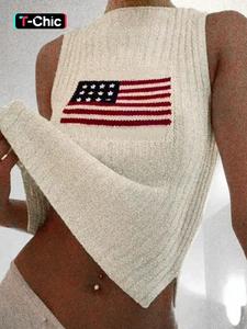 Women's Flag Graphic Print Split Hem Sweater Vest, Casual Fashion Round Neck Sleeveless Jumper Vest for Summer, Ladies Knit Clothing for Daily Wear