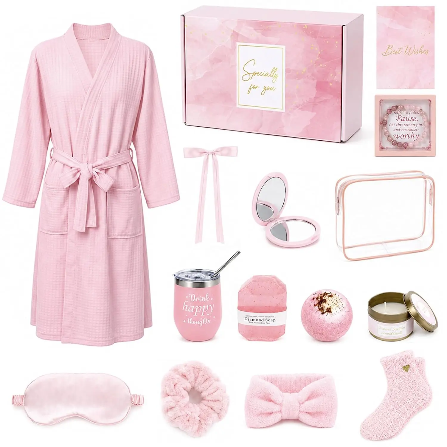 Women's 14-Pcs DIY Specialty Body Care Spa Gift Basket, Relaxing Self Care Bundle with Waffle Bath Robe, Clothes, Mirror, Socks, Steamers, Bow Hair Clip for Mother's Day Womens Gifts
