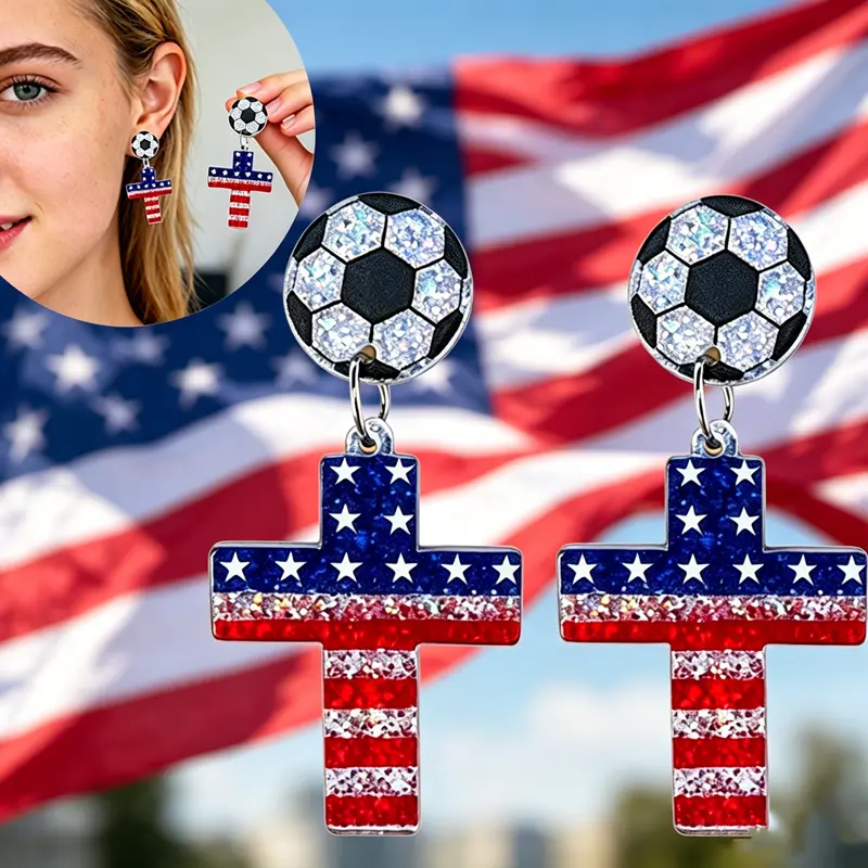 2026 Summer Soccer Match Women Earrings with Cross Shaped Football Element Design,Perfect Long Earrings Set for Sports Event Dress Up Stainless Steel Acrylic Earrings Jewelry