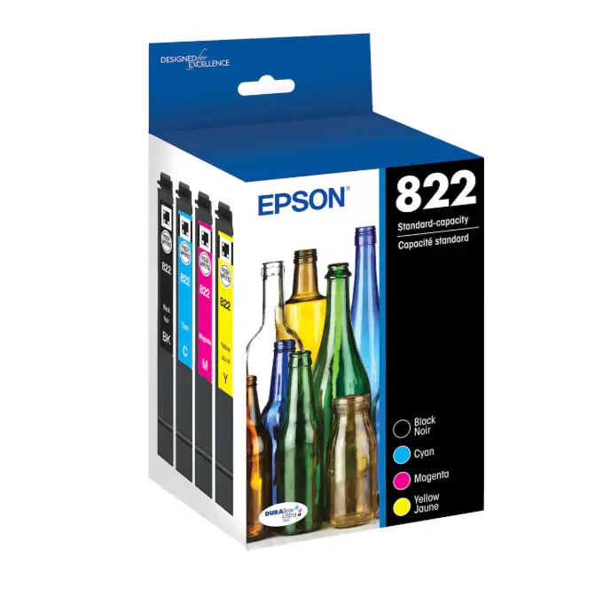 Epson 822 Replacement Ink Cartridges, DURABrite Ultra Standard Capacity Combo Pack, Black Cyan Magenta Yellow, Genuine Epson Printer Ink, 4-Pack Cartridge Set for Compatible Epson Printers