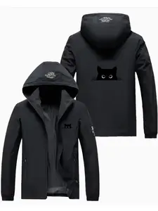 Adorable Cat Print Hooded Jacket, Durable Polyester Fabric, Casual Fitted Style, Perfect for Spring & Fall, Daily Commute & Shopping