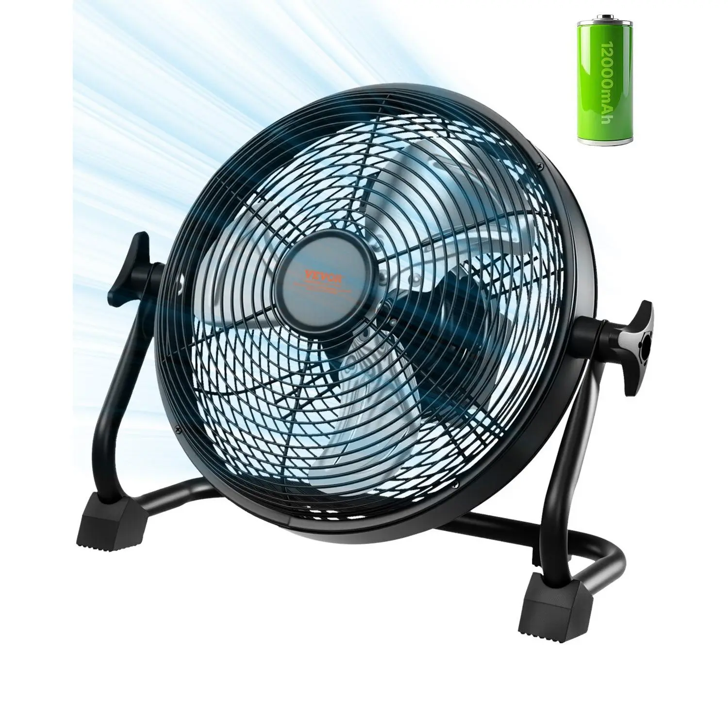 VEVOR 10-in Rechargeable Battery-Operated Camping Floor Fan, High Velocity Portable Outdoor Fan with Metal Frame, Copper Brushless Motor, 360-Degree Manual Rotation, 12000mAh 12V, 1.5 - 4.5 M/S, 13.8x7.8x13.4 in, for Fishing, Travel, Portable Fan, Lightwe