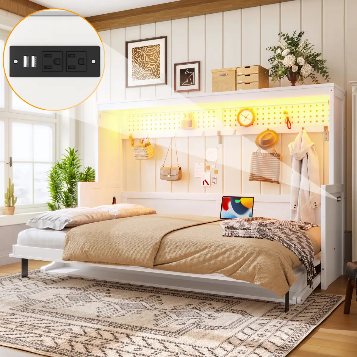 [Bellemave]Full /Queen Size Murphy Bed with a desk, USB Charging Station,LED Lights ,White