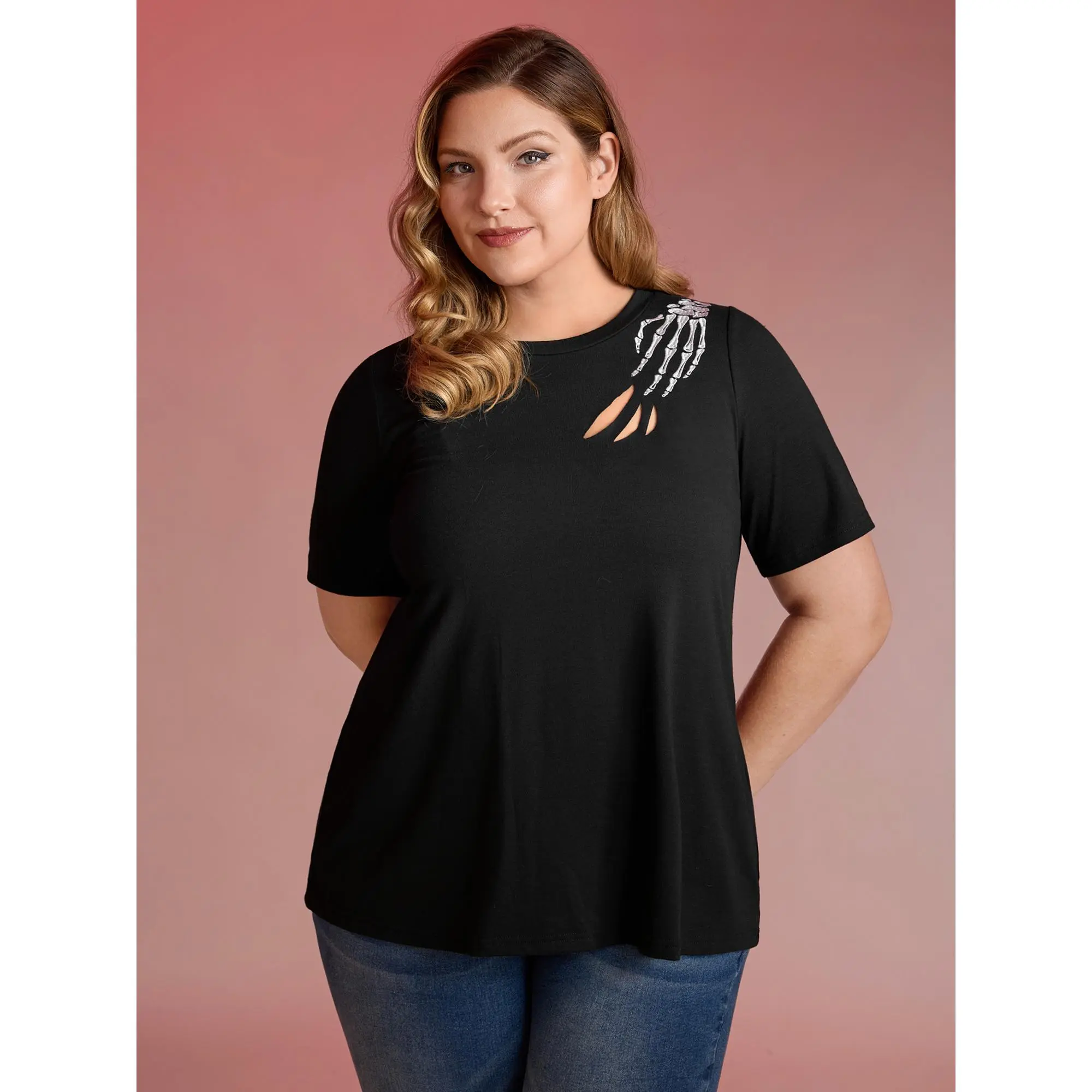 Women's Plus Size Short-Sleeve Spandex Casual T-Shirt - Haunted Skeleton Hand Embroidery Punk Style (M-6X) 2026 Summer Vibes, Plus Size Tops, Skeleton Print, Bold Chest Graphic, Horror Print, Skeleton Print Women's T-Shirts