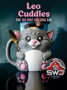 Leo Cuddles the Cat Ice Cream Pint Holder – 3D Printed Kitty Cup with Spoon Slots & Snack Drawer | 16oz Gift for Cat Lovers