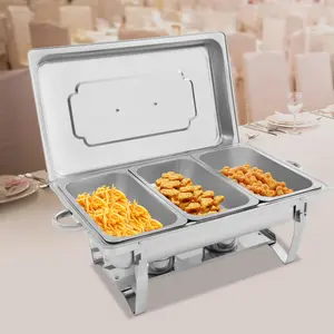 3-Compartment 410 Stainless Steel Freestanding Food Warmer with Lid - Modern Minimalist Style, Alcohol Fuel Can, Stable Frame - Ideal for Restaurants, Parties & Buffets - Includes Accessories