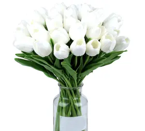 15pcs White Flowers Artificial Tulips Fake Silk Flowers 14" in Bulk Home Kitchen Easter Wedding Decor Bouquet Decorations Floral Arrangements Real Touch Flower