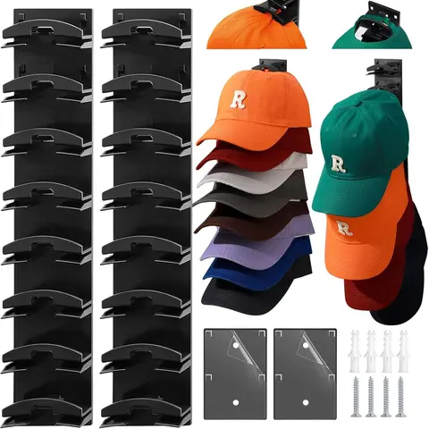 Black Wall Mounted Hat Organizer Rack 2-Pack, Multi-Layer Hanger Holder with 2 Mounting Options & Scratch-Resist Top, Holds 16 Caps for Closet Organization & Home Decor, Ideal for Father's Day Gifting